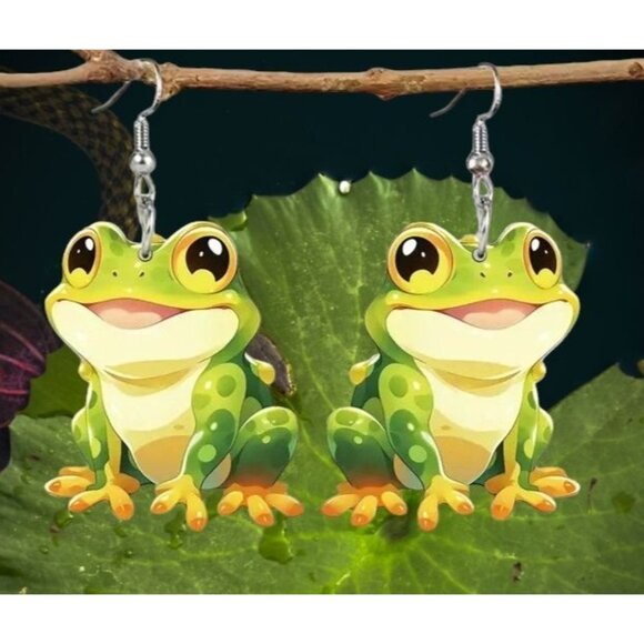 Frog Earrings New Dangle Hooks Green Double Sided Horny Toad Jeremiah Bu… - Picture 4 of 12